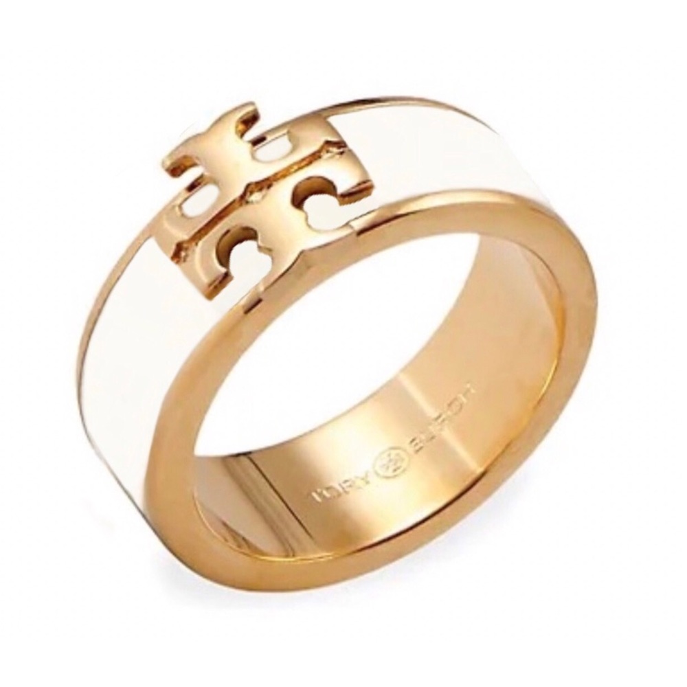 TORY BURCH • Ivory White Kira Logo Ring Includes Tory Burch Jewelry Bag Pouch